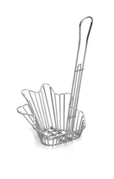The TableCraft Taco Fry Basket features a chrome-plated, flower-like metal frame with a sturdy wire grid and a long, curved handle, making it easy to mold tortillas into perfect taco shells during frying.
