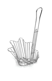 The TableCraft Taco Fry Basket features a chrome-plated, flower-like metal frame with a sturdy wire grid and a long, curved handle, making it easy to mold tortillas into perfect taco shells during frying.