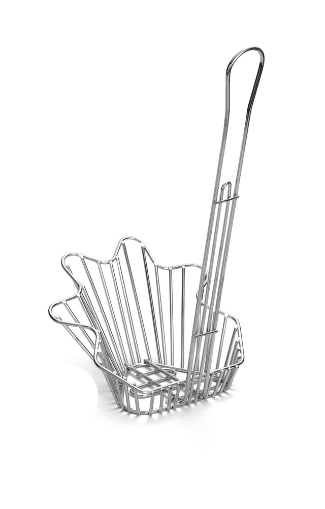 The TableCraft Taco Fry Basket features a chrome-plated, flower-like metal frame with a sturdy wire grid and a long, curved handle, making it easy to mold tortillas into perfect taco shells during frying.
