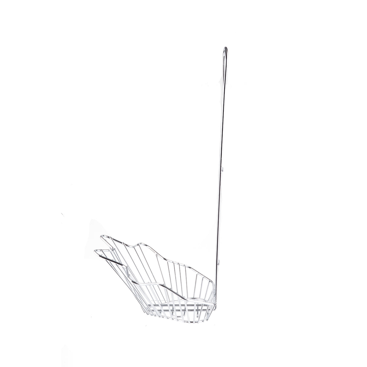 A chrome-plated metal wire basket with a long, vertical handle is shown against a white background. This shallow, oval-shaped TableCraft Taco Fry Basket features a crimped, wave-like edge and is ideal for holding or frying food items.