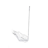 A chrome-plated metal wire basket with a long, vertical handle is shown against a white background. This shallow, oval-shaped TableCraft Taco Fry Basket features a crimped, wave-like edge and is ideal for holding or frying food items.