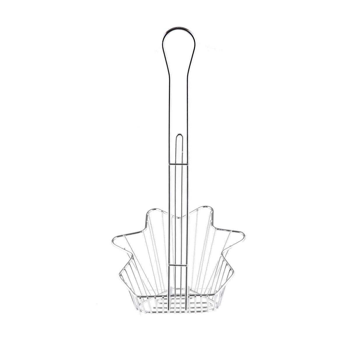 A chrome-plated Taco Fry Basket from TableCraft, designed with a long handle and fluted flower or shell shape. Its open sides and grid bottom make it perfect for frying or shaping foods like taco shells.