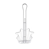 A chrome-plated Taco Fry Basket from TableCraft, designed with a long handle and fluted flower or shell shape. Its open sides and grid bottom make it perfect for frying or shaping foods like taco shells.
