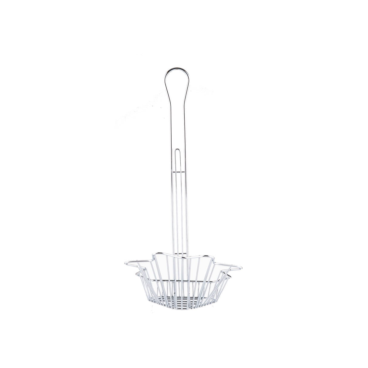 A chrome-plated metal wire utensil with a long handle and a flower-shaped basket at the base, the TableCraft Taco Fry Basket features an open, airy structure ideal for draining or frying food. The background is white.