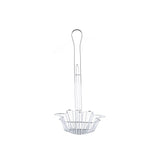 A chrome-plated metal wire utensil with a long handle and a flower-shaped basket at the base, the TableCraft Taco Fry Basket features an open, airy structure ideal for draining or frying food. The background is white.