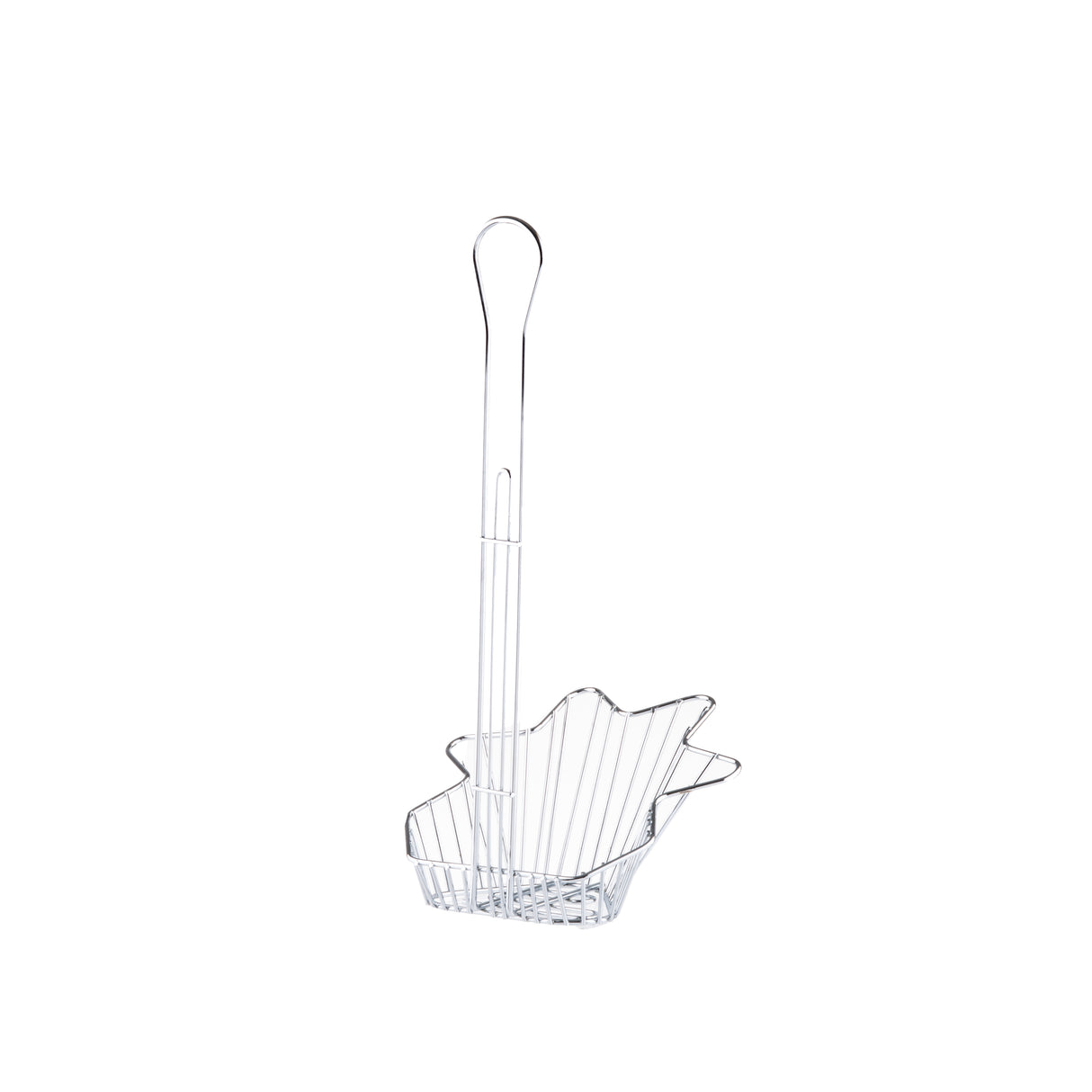 A chrome-plated TableCraft Taco Fry Basket with a long handle and a taco shell-shaped basket. Its vertical and horizontal wires create an open, airy structure, ideal for lifting and frying taco shells. The background is plain white.