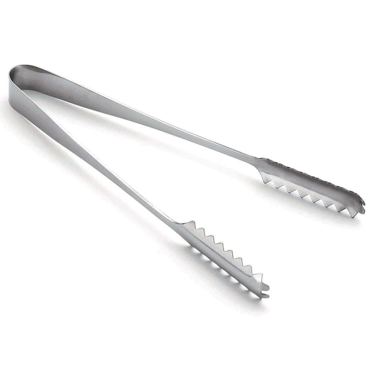 A pair of stainless steel serving tongs with scalloped, jagged edges and a sleek design is shown. The tongs are open and angled on a white background, highlighting their metallic finish, functional gripping ends, and dishwasher safe convenience.