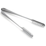 A pair of stainless steel serving tongs with scalloped, jagged edges and a sleek design is shown. The tongs are open and angled on a white background, highlighting their metallic finish, functional gripping ends, and dishwasher safe convenience.