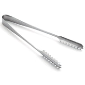 A pair of stainless steel serving tongs with scalloped, jagged edges and a sleek design is shown. The tongs are open and angled on a white background, highlighting their metallic finish, functional gripping ends, and dishwasher safe convenience.