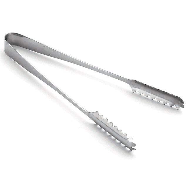 A pair of stainless steel serving tongs with scalloped, jagged edges and a sleek design is shown. The tongs are open and angled on a white background, highlighting their metallic finish, functional gripping ends, and dishwasher safe convenience.