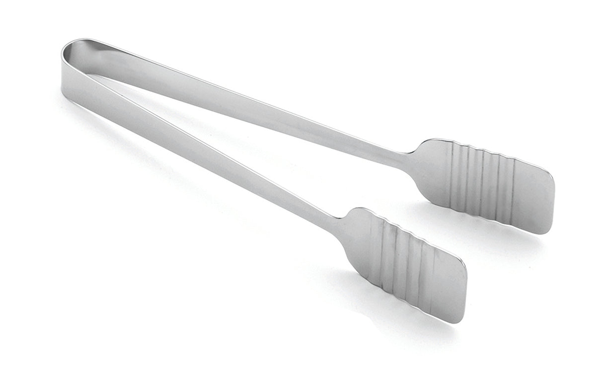 A pair of stainless steel serving tongs with flat, slightly ribbed gripping ends. Shown slightly open on a white background, their simple and functional design is perfect for any kitchen—and they're dishwasher safe for easy cleaning.