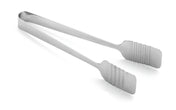 A pair of stainless steel serving tongs with flat, slightly ribbed gripping ends. Shown slightly open on a white background, their simple and functional design is perfect for any kitchen—and they're dishwasher safe for easy cleaning.