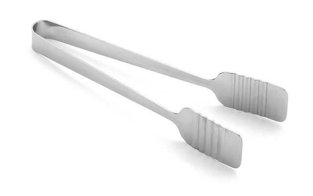 A pair of stainless steel serving tongs with flat, slightly ribbed gripping ends. Shown slightly open on a white background, their simple and functional design is perfect for any kitchen—and they're dishwasher safe for easy cleaning.