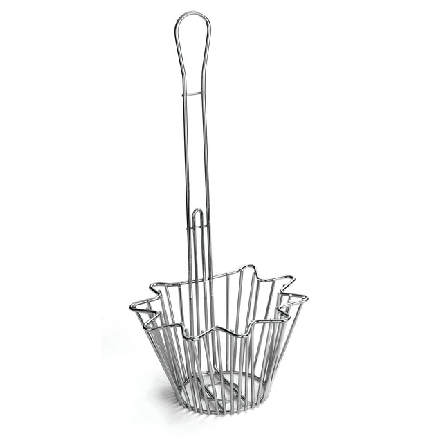 A chrome plated Taco Salad Shell Basket by TableCraft, featuring a long handle and a fluted, flower-like rim. The looped handle allows easy hanging, while evenly spaced wires create a deep basket that stands upright when empty.