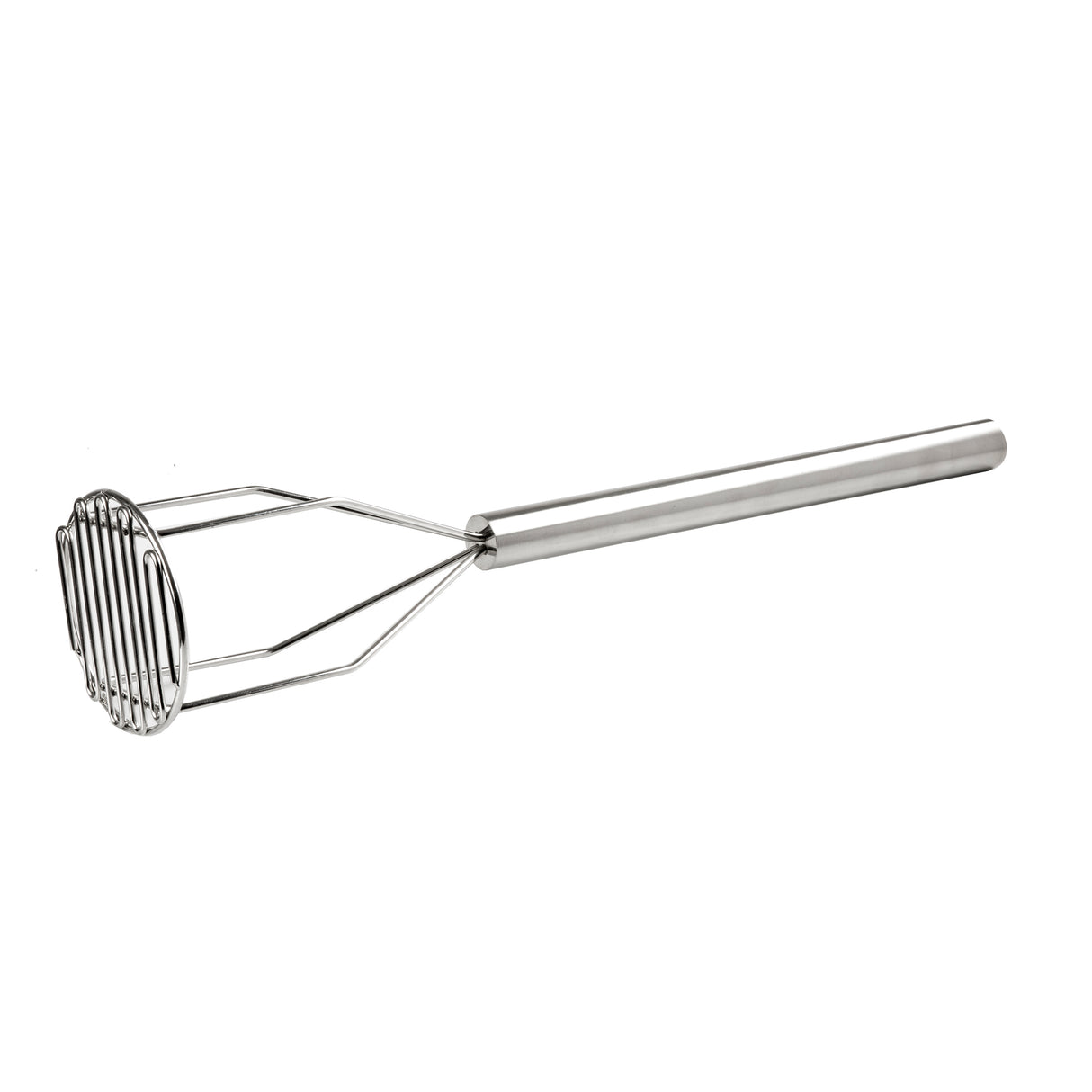 A dishwasher safe potato masher with a stainless steel handle and a flat, round mashing plate made of parallel and perpendicular metal bars, isolated on a white background.