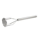 A dishwasher safe potato masher with a stainless steel handle and a flat, round mashing plate made of parallel and perpendicular metal bars, isolated on a white background.