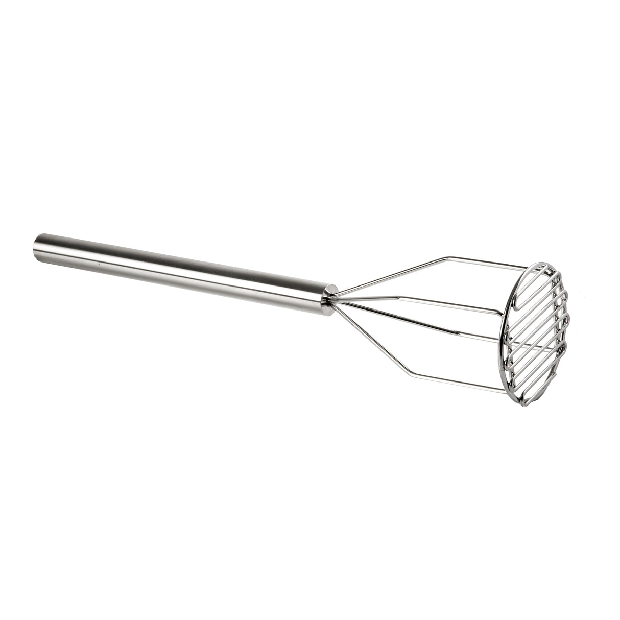 A stainless steel potato masher with a cylindrical, dishwasher safe handle and a round mashing head made of parallel horizontal bars and three vertical supports. The clean, modern design is both durable and reflective.