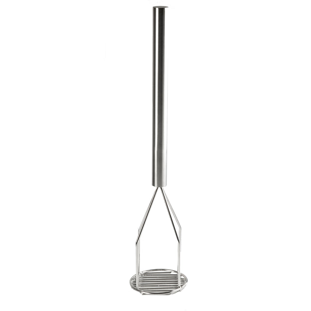 A dishwasher safe potato masher with a stainless steel handle features a long cylindrical grip and a round, flat mashing plate made of parallel horizontal wires, shown against a white background.