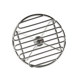 A round metal wire rack with parallel bars and a circular frame, viewed from above. In the center, intersecting wires form an X-shape. The silver rack is dishwasher safe and photographed on a white background.