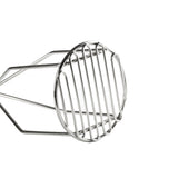 A Potato Masher with a sturdy stainless steel handle and round, flat mashing surface made of parallel metal bars, set against a plain white background. This masher is also dishwasher safe for easy cleaning.