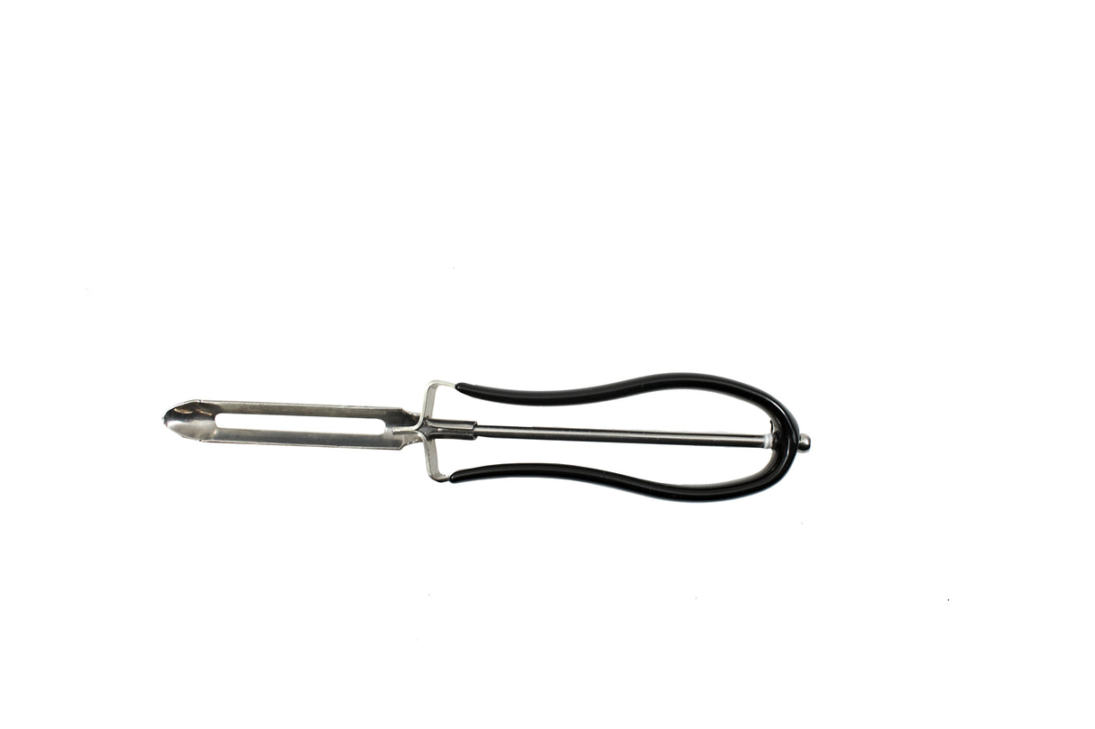 A stainless steel blade vegetable peeler with a straight edge and a black, ergonomic loop handle is positioned horizontally against a plain white background. This peeler is also dishwasher safe for easy cleaning.