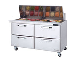 A commercial stainless steel mega top prep table with four drawers and a glass-covered top displays sliced vegetables, meats, and cheeses in separate containers, all on wheels for mobility.