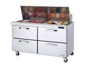 A commercial stainless steel mega top prep table with four drawers and a glass-covered top displays sliced vegetables, meats, and cheeses in separate containers, all on wheels for mobility.