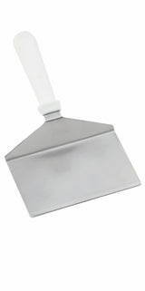 A stainless steel dough scraper with a wide, flat, rectangular stainless steel blade and a white plastic handle angled upward, designed for cutting or lifting dough on flat surfaces. Dishwasher safe. The background is plain and white.