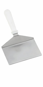 A stainless steel dough scraper with a wide, flat, rectangular stainless steel blade and a white plastic handle angled upward, designed for cutting or lifting dough on flat surfaces. Dishwasher safe. The background is plain and white.