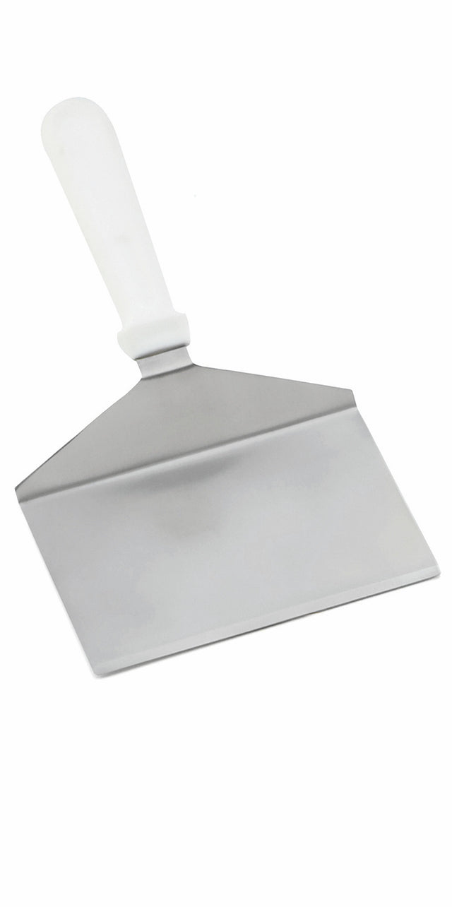 A stainless steel dough scraper with a wide, flat, rectangular stainless steel blade and a white plastic handle angled upward, designed for cutting or lifting dough on flat surfaces. Dishwasher safe. The background is plain and white.