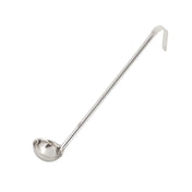 A shiny stainless steel ladle with a long handle and deep, round bowl. The handle’s hooked end allows it to hang securely on a pot. This dishwasher safe ladle looks clean and unused, ready for serving soups or stews.