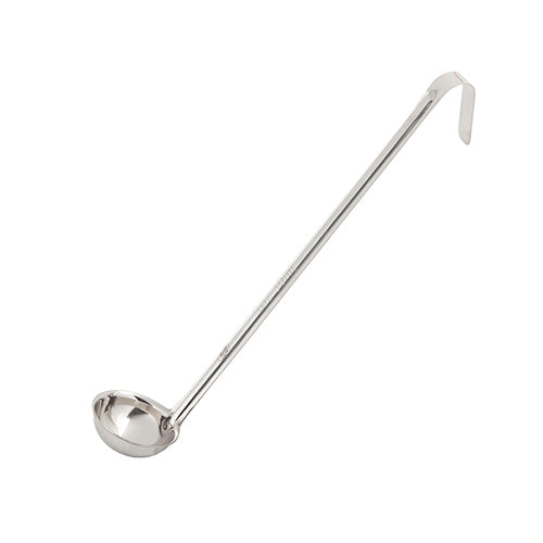 A TableCraft stainless steel ladle with a long straight handle and deep, rounded bowl. The handle ends in a hook shape for hanging on a pot or rack. The ladle rests on a plain white background.