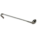 A long TableCraft stainless steel ladle with a deep, round bowl at one end and a hooked handle at the other, designed for easily scooping and serving liquids like soup or sauce. The straight handle finishes in a gentle curve at the hook.