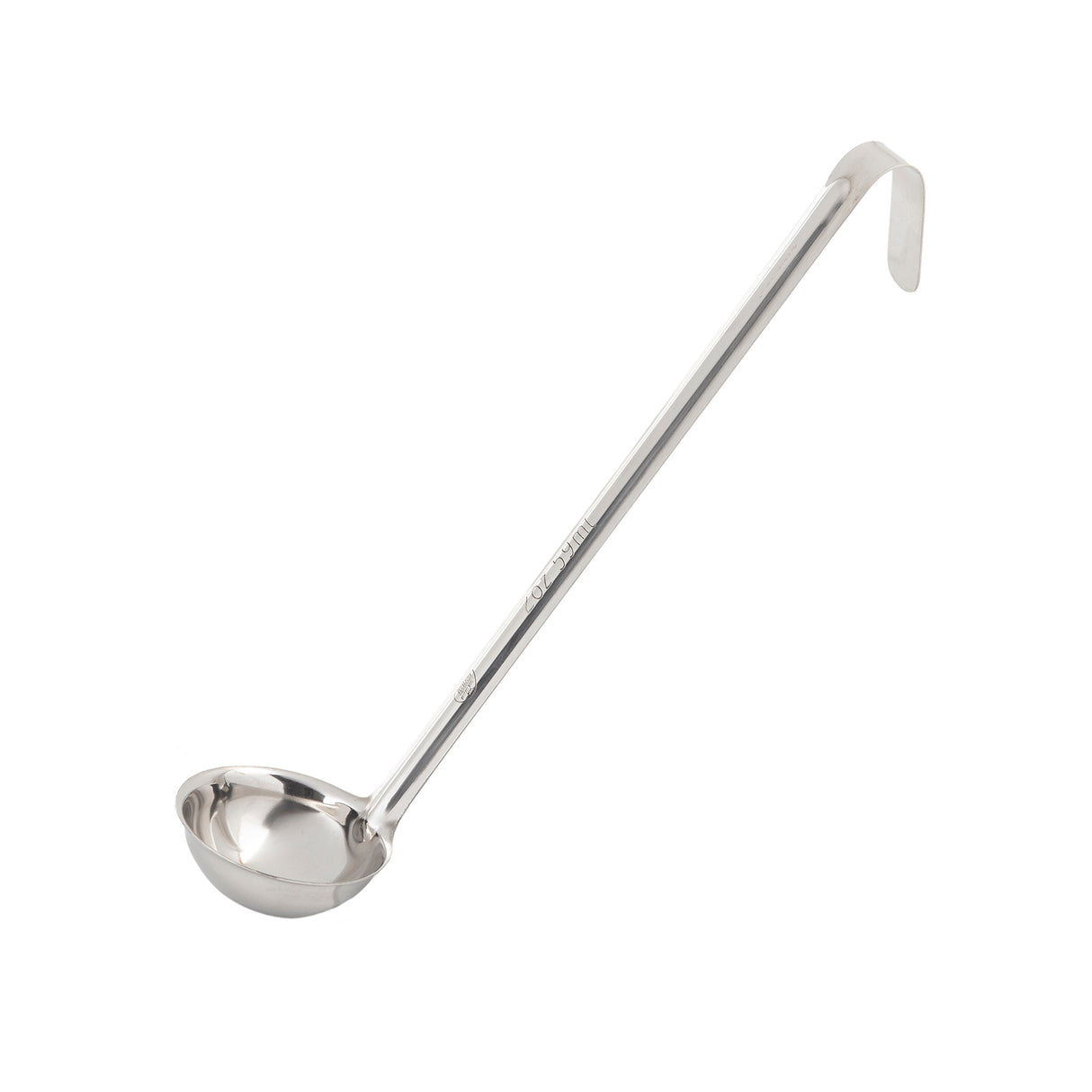 A stainless steel ladle with a long handle and deep, round 2 oz bowl; the end of the handle is bent into a hook for hanging. The ladle is positioned diagonally on a white background.