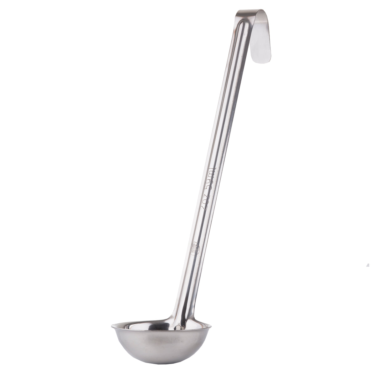 A 2 oz stainless steel ladle with a deep, round bowl and a long handle. The handle features a bent hook at the top for easy hanging. The ladle stands upright on a white background.