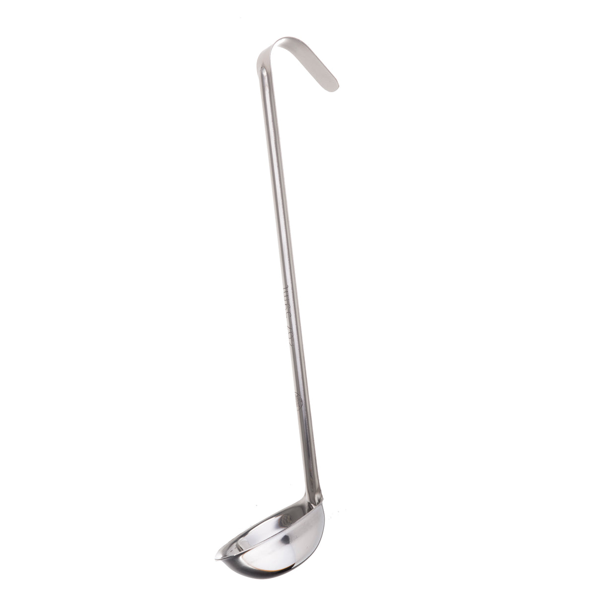 A 2 oz stainless steel ladle with a long, straight handle and a deep, rounded bowl. The handle curves at the top for easy hanging. The ladle is set against a plain white background.