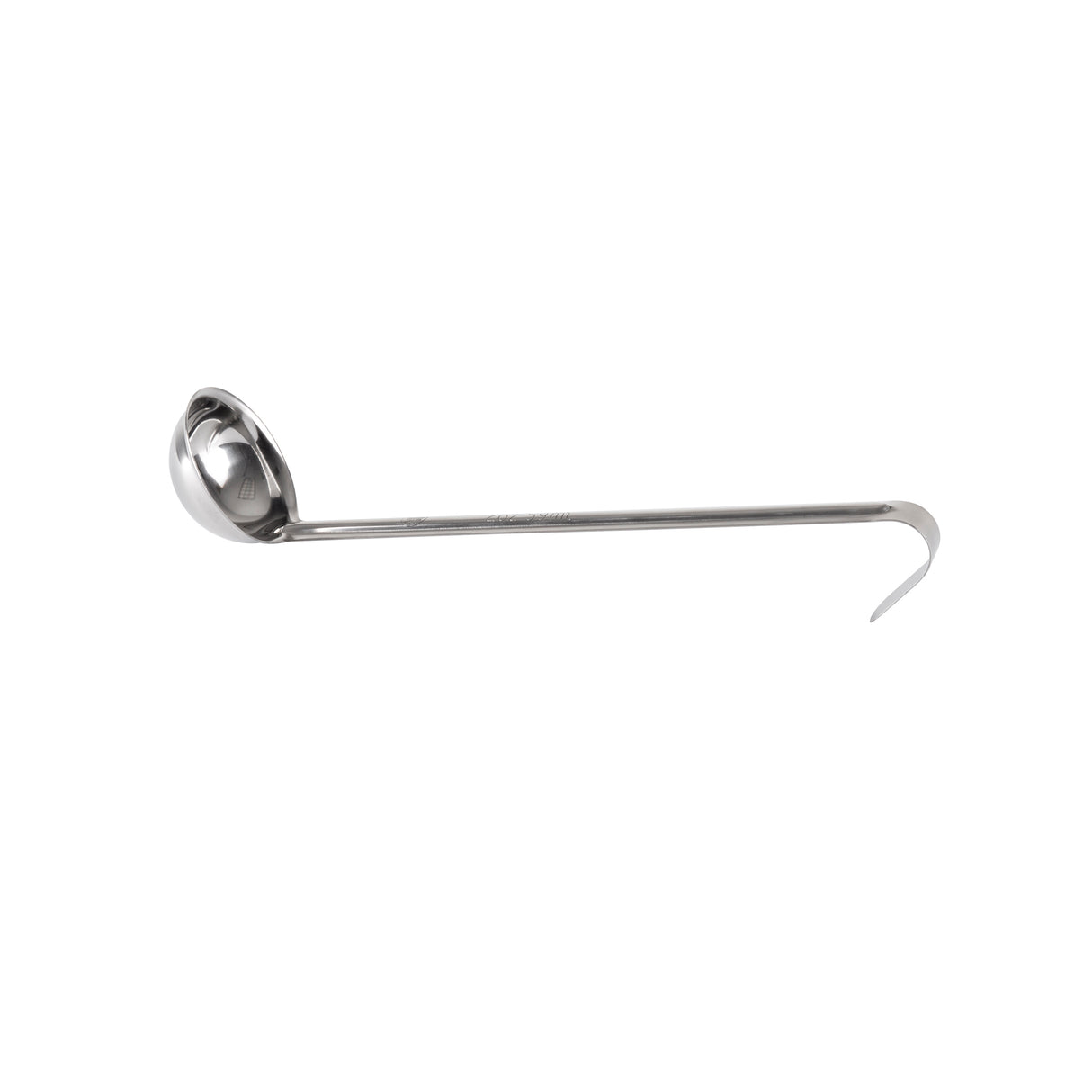 A 2 oz stainless steel ladle with a deep, round bowl on one end and a long handle ending in a hook. The ladle is shown on a white background, positioned horizontally with the bowl facing left and the hook facing right.