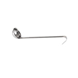 A 2 oz stainless steel ladle with a deep, round bowl on one end and a long handle ending in a hook. The ladle is shown on a white background, positioned horizontally with the bowl facing left and the hook facing right.