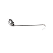 A 2 oz stainless steel ladle with a deep, round bowl on one end and a long handle ending in a hook. The ladle is shown on a white background, positioned horizontally with the bowl facing left and the hook facing right.