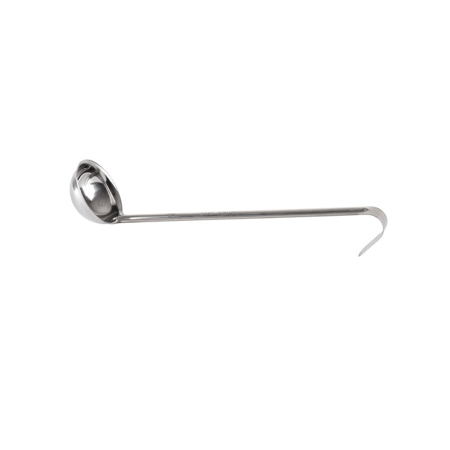 A 2 oz stainless steel ladle with a deep, round bowl on one end and a long handle ending in a hook. The ladle is shown on a white background, positioned horizontally with the bowl facing left and the hook facing right.
