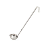 A shiny TableCraft stainless steel ladle with a long handle and deep, round bowl. The handle ends in a hook shape for hanging, and the utensil is positioned diagonally on a white background.
