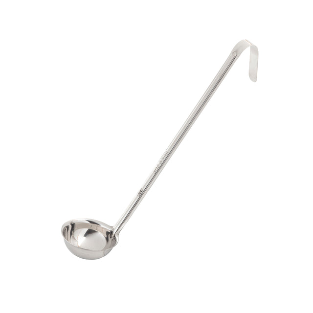 A shiny TableCraft stainless steel ladle with a long handle and deep, round bowl. The handle ends in a hook shape for hanging, and the utensil is positioned diagonally on a white background.
