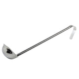 A TableCraft stainless steel ladle with a deep, round bowl and a long, straight handle that curves at the end. Positioned on a white background, the ladle is angled to show both the bowl and handle clearly.