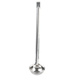 The TableCraft stainless steel ladle features a long, cylindrical handle with a small hook for hanging and a deep, round bowl, making it ideal for serving soups or liquids. Its shiny, reflective surface adds elegance to any kitchen.