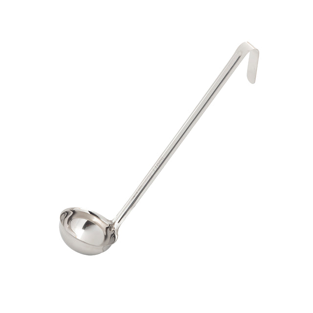 A stainless steel ladle with a deep, rounded bowl and a long handle. The hooked end allows easy hanging, while the shiny surface is dishwasher safe. Perfect for serving soups or stews. The background is plain white.