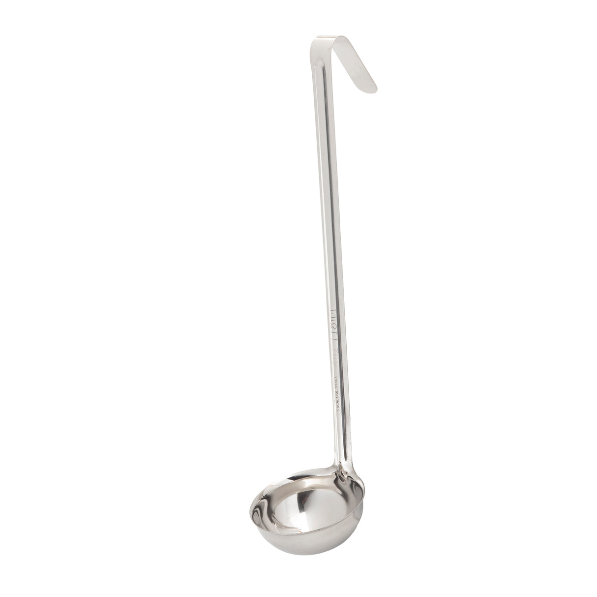 A stainless steel soup ladle with a long, straight handle and deep, round bowl. Dishwasher safe, it features a hook at the top for hanging and is positioned upright against a plain white background.