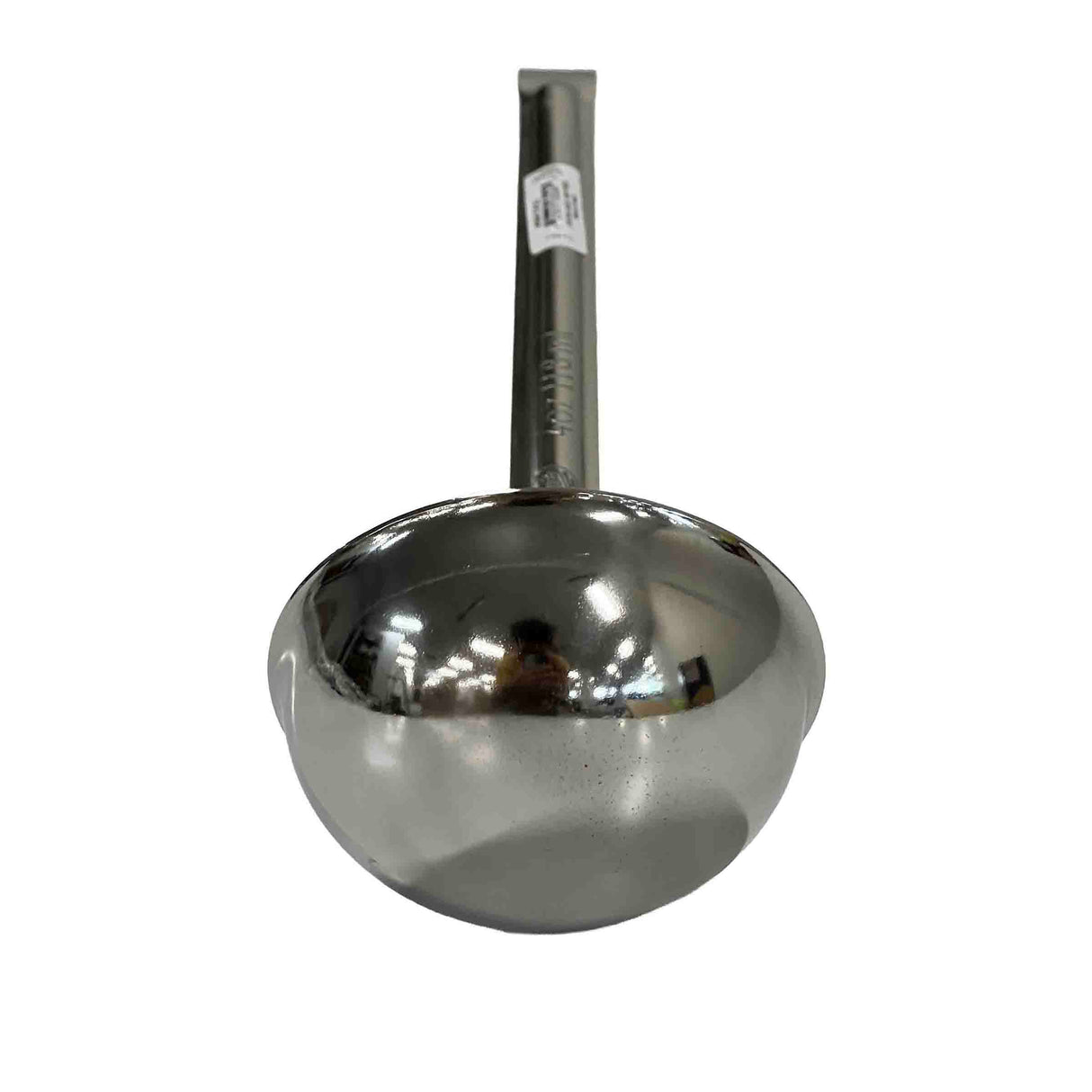 A shiny stainless steel ladle with a round, deep bowl and a long, straight handle is shown against a white background. The handle has a white label with text. This ladle is durable, stylish, and dishwasher safe for easy cleaning.