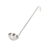 A shiny, dishwasher safe stainless steel ladle with a deep, round bowl and a long handle ending in a hook for easy hanging. The ladle is photographed on a plain white background.