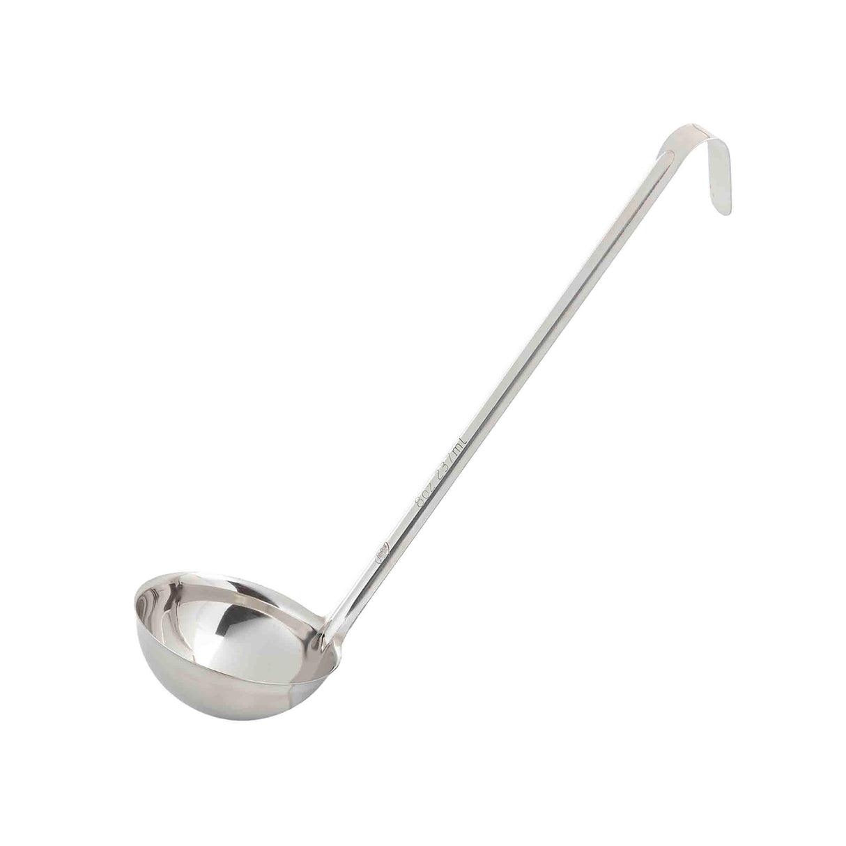 A stainless steel ladle with a deep, round bowl and a long handle features a hooked end for hanging. Dishwasher safe, this ladle is displayed against a plain white background.