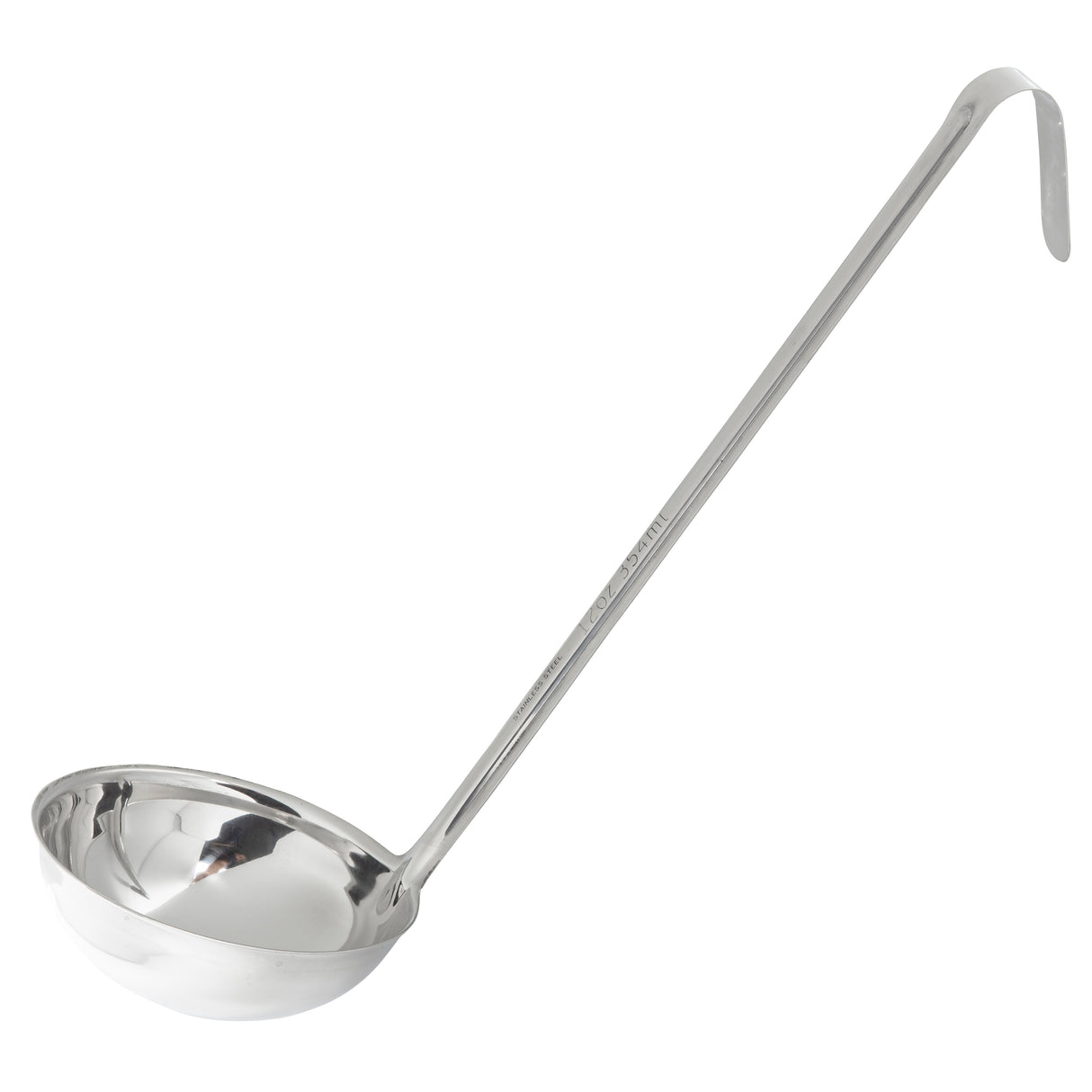 A shiny 12 oz stainless steel ladle with a deep, round bowl and a long, straight handle ending in a hook for hanging. The TableCraft ladle is angled to show both the bowl and the handle clearly against a white background.